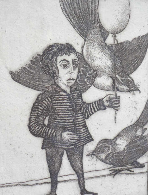 Man met ballon en vogels
