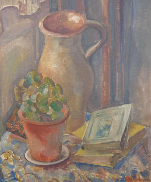 Stilleven met kan, boeken en bloempot
