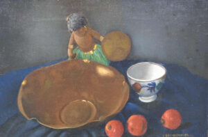Stilleven met beeldje, schaal en fruit